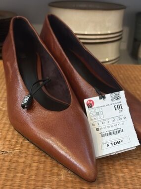 Zara Cognac Pointed-Toe Leather Flats